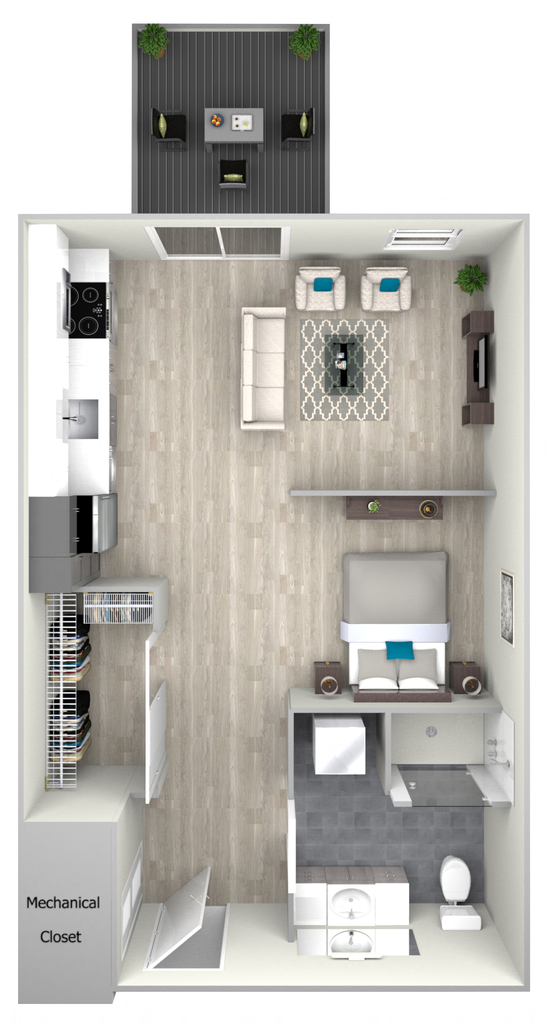 Floor plan for studio, 1 bath, 502 sqft